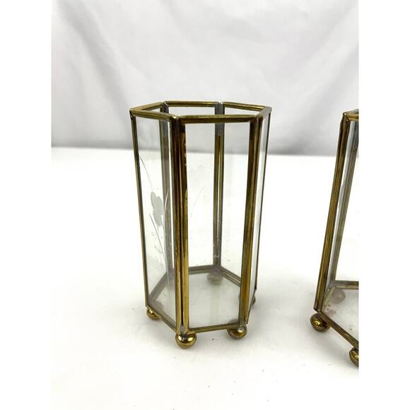 VTG Mini Brass Etched Glass Lantern Candle Holder Display Lot of 2 - Picture 11 of 16